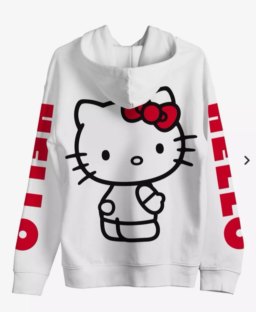Hello Kitty Bow Sanrio White Double Graphic Fleece Pullover Hoodie Pocket M New